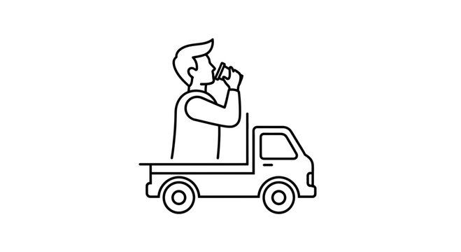 Delivery Driver Drinking Coffee on Truck Bed, Mobile Refreshment Break