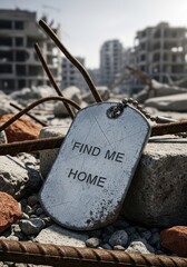 Naklejka premium Silver military identification tag rests on concrete rubble in a destroyed city.