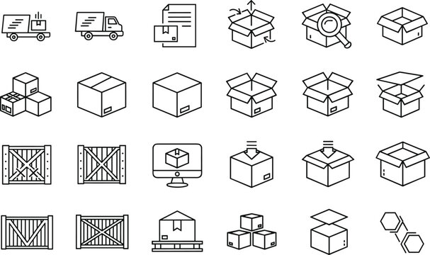 Shipping and Packaging Icons Set with Boxes, Delivery Trucks, and Warehousing for Logistics and Storage Illustration in Line Art Style.