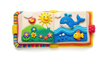 Fototapeta premium Colorful Childrens Fabric Activity Book Open on White Background