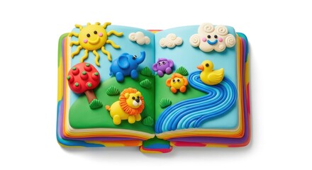Fototapeta premium Colorful Clay Storybook Displaying Playful Animals and Nature Scene on White Background