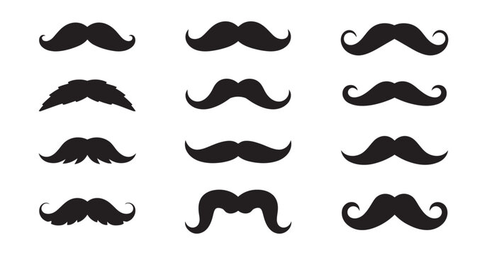 Black silhouette mustache vector collection featuring eleven different moustache styles, classic grooming shapes