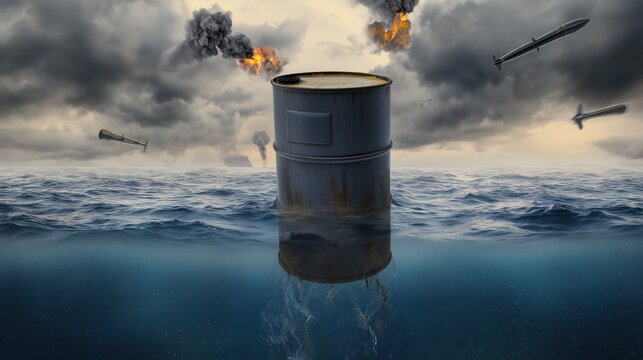 "Oil barrel in stormy war-torn ocean with missiles and fiery explosions"