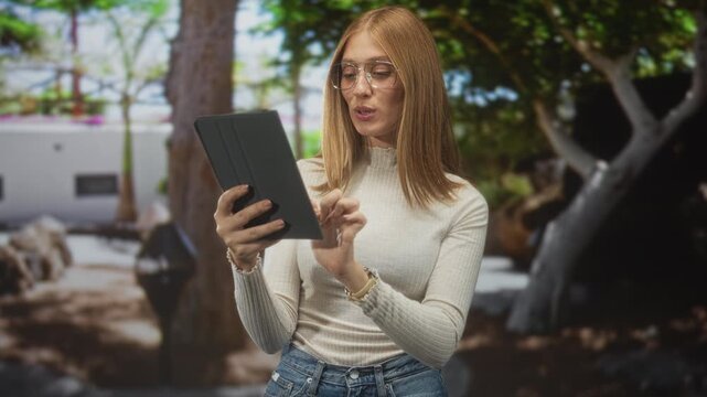 Woman tapping tablet with index finger, smiling and reading on screen while wearing glasses and jeans in building courtyard with trees and stone path; calm concentration.