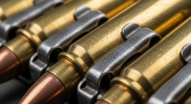 Rows of metallic cartridges are linked together in a continuous ammunition belt.