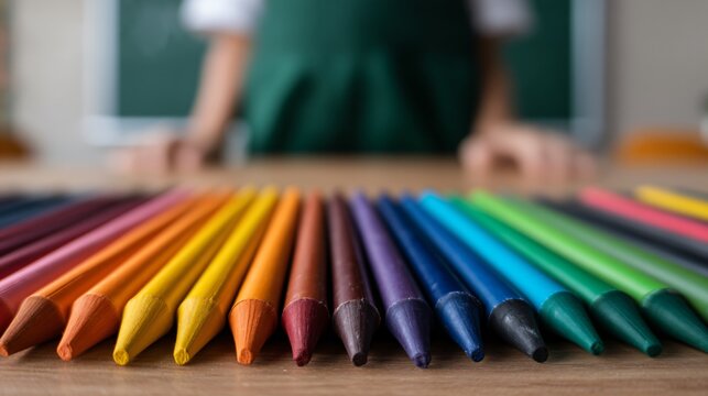 Teacher collecting crayons in classroom, back to school charity theme, education community support, lifestyle stock photography
