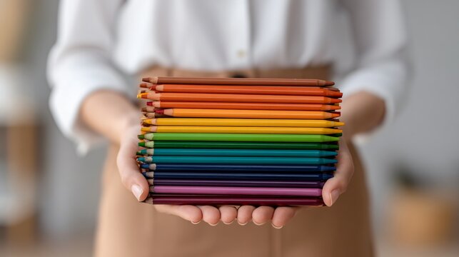 Teacher collecting crayons in classroom, back to school charity theme, education community support, lifestyle stock photography