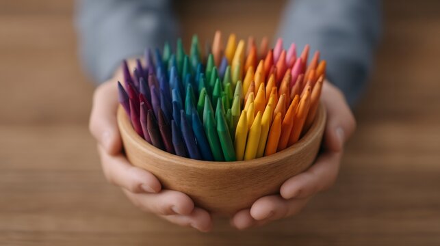 Teacher collecting crayons in classroom, back to school charity theme, education community support, lifestyle stock photography