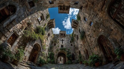 Fototapeta premium Sky cross seen from inside medieval tower in Tuscany Italy, fisheye perspective showing stone walls, arched windows, ancient architecture, dramatic epic fantasy view
