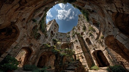 Naklejka premium Sky cross seen from inside medieval tower in Tuscany Italy, fisheye perspective showing stone walls, arched windows, ancient architecture, dramatic epic fantasy view