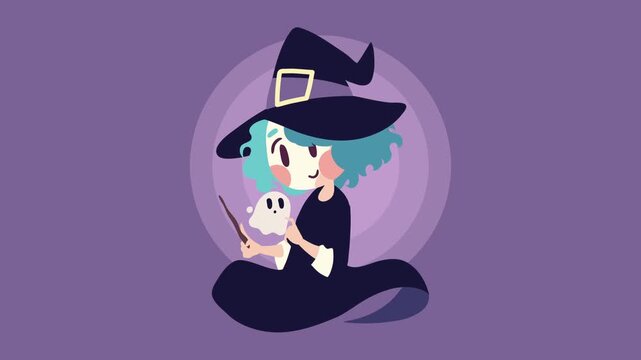 Cute little witch with magic wand and ghost in a dynamic animated motion clip ideal for halloween projects.