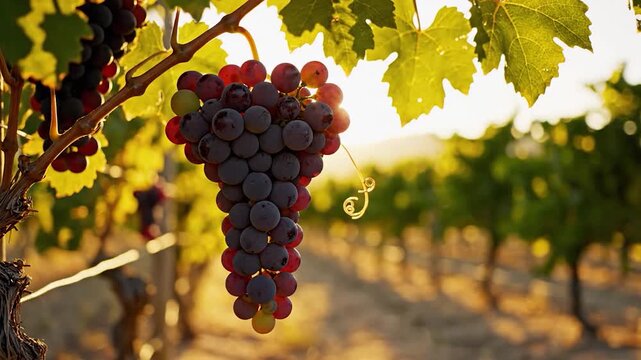 Ripe grapes hang from a vine in a sunlit vineyard
