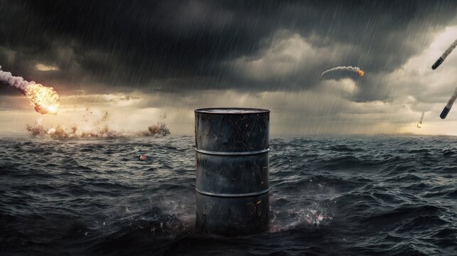 "Oil barrel in stormy war-torn ocean with missiles and fiery explosions"