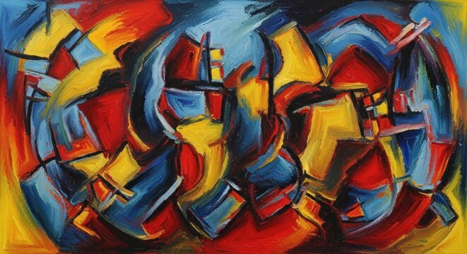 A vibrant abstract painting featuring a dynamic composition of geometric shapes and bold colors, set against a contrasting background.