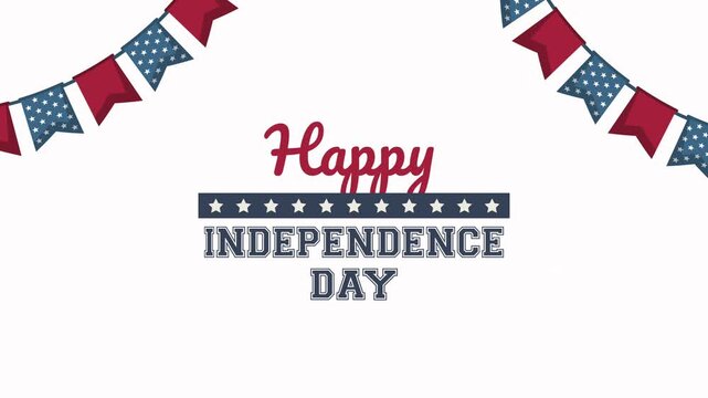 Happy independence day animated text with american flag bunting and stars motion graphic.