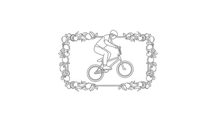 Fototapeta premium BMX Rider in Decorative Frame, Line Art Illustration