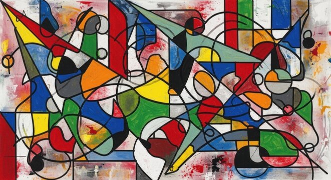 A colorful abstract painting with geometric shapes and bold colors.