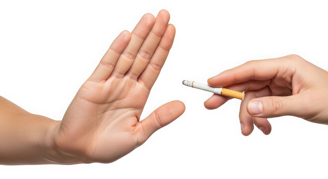 Two hands with one refusing a cigarette isolated on transparent background