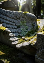 Naklejka premium Granite stone angel wing sculpture sits covered in moss in a peaceful cemetery setting.