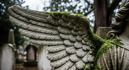 Naklejka premium Weathered stone angel wing sculpture stands covered in green moss in an ancient graveyard.