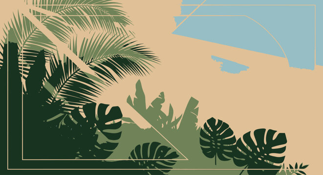 Tropical palm leaves with beach landscape, exotic summer vacation concept for travel, relaxation and luxury resort destination backgrounds