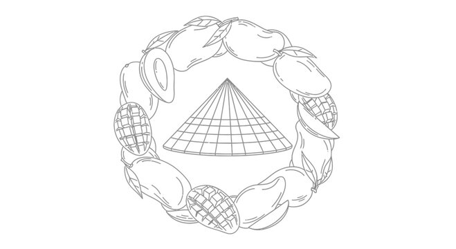Wreath of Mangoes and Vietnamese Hat Icon, Tropical Fruit and Culture Symbol