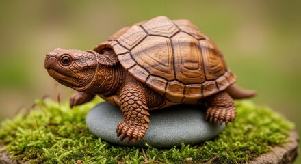 Fototapeta premium Wooden turtle figurine rests on a smooth stone surrounded by green moss.