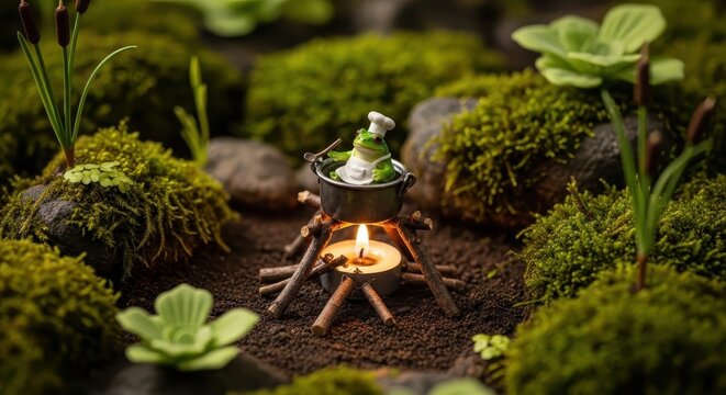 Miniature frog chef sits in a cooking pot over a small campfire in a mossy forest setting.