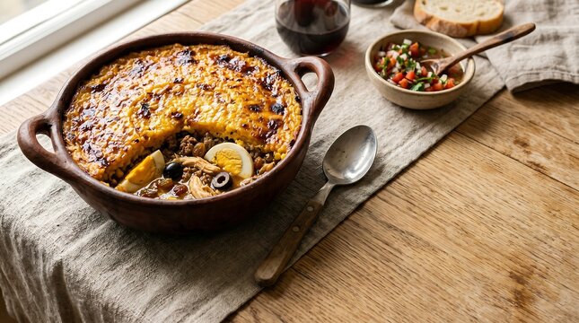 Pastel de Choclo, Chile's national dish, presented in traditional Chilean clay pot (paila) with side handles