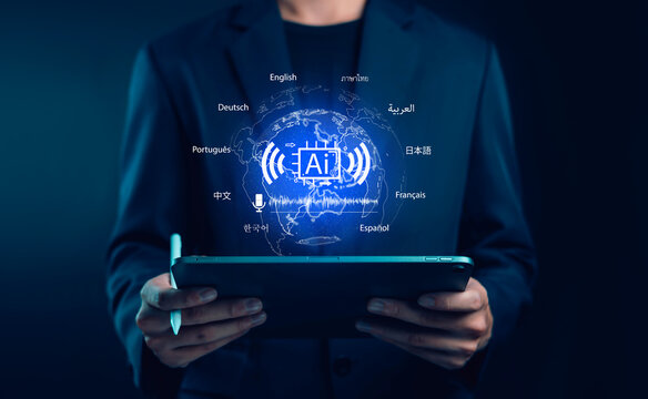 AI language translation technology with global communication interface on digital tablet, multilingual voice recognition, artificial intelligence assistant and real time translation system concept.