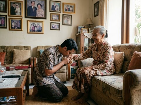 Respectful young Indonesian man performing the traditional sungkem gesture by kneeling and kissing the hand of his elderly grandmother to show deep love and reverence during a festive family gathering