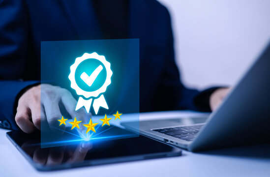 Customer satisfaction and quality assurance concept with five star rating and approval badge on digital tablet, business review feedback, trusted service evaluation and client experience technology.