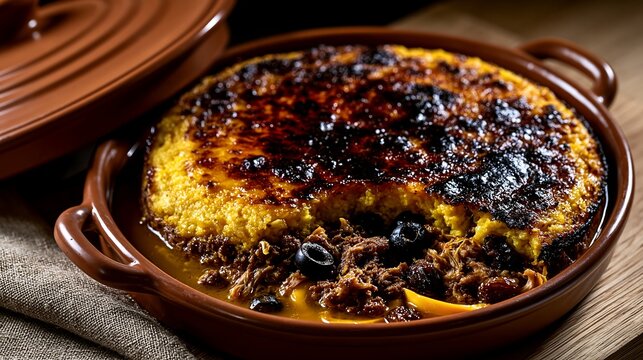 Pastel de Choclo, Chile's national dish, presented in traditional Chilean clay pot (paila) with side handles