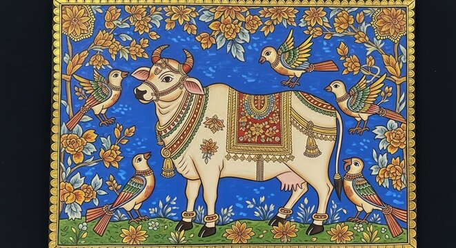 Traditional Indian Cow Painting with Floral and Bird Motifs.