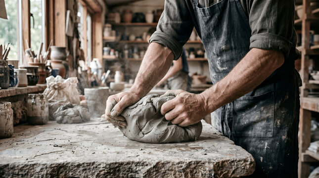 Hands kneading raw clay on workbench in traditional pottery studio