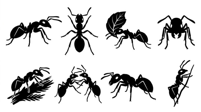 Black silhouettes of various ants insects.