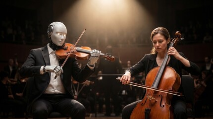 Fototapeta premium A humanoid robot and a female musician play violin and cello together on a dimly lit concert hall stage