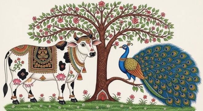 Traditional Indian Folk Art Depicting a Sacred Cow and a Peacock Under a Tree.