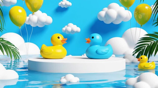 two rubber ducks in the water with balloons