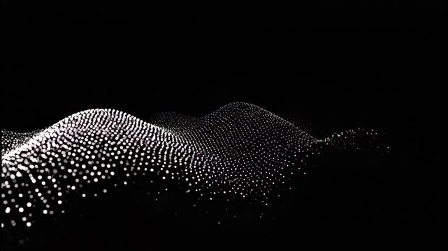 A striking black and white abstract image depicts a dynamic, flowing form composed of numerous small particles, creating a sense of movement and complexity against a stark background.