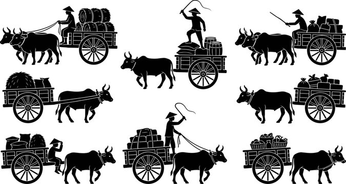Set of Traditional Bull Cart and Oxen Silhouettes Featuring Farmers Transporting Harvest and Goods for Historical Rural Agriculture and Ancient Transportation Graphic Design Projects