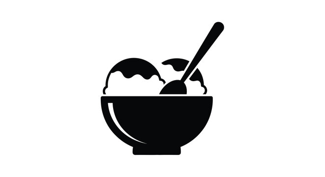 Ice cream in bowl with spoon black silhouette on white