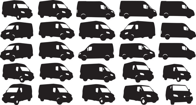Black van, car, vehicle silhouettes, icons, set of 28