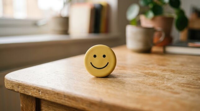 A yellow smiley face button on a wooden table.