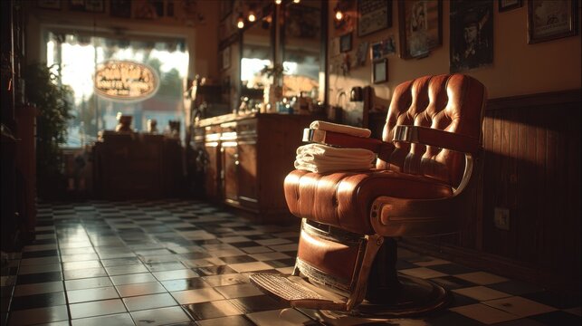Vintage leather barber chair with folded hot towel and shaving bowl in cozy barbershop, warm sunlight on checkerboard floor, cinematic serene inviting interior, 35mm film style, warm tones