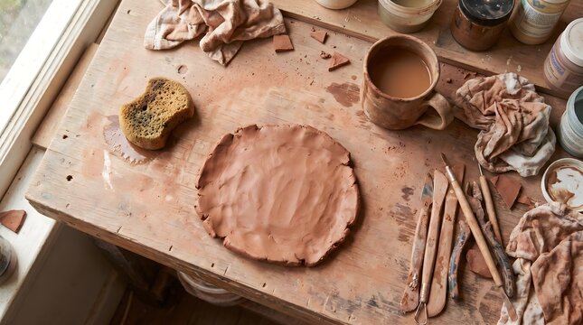 Rustic Pottery Studio Workspace with Raw Terracotta Clay Slab and Sculpting Tools
