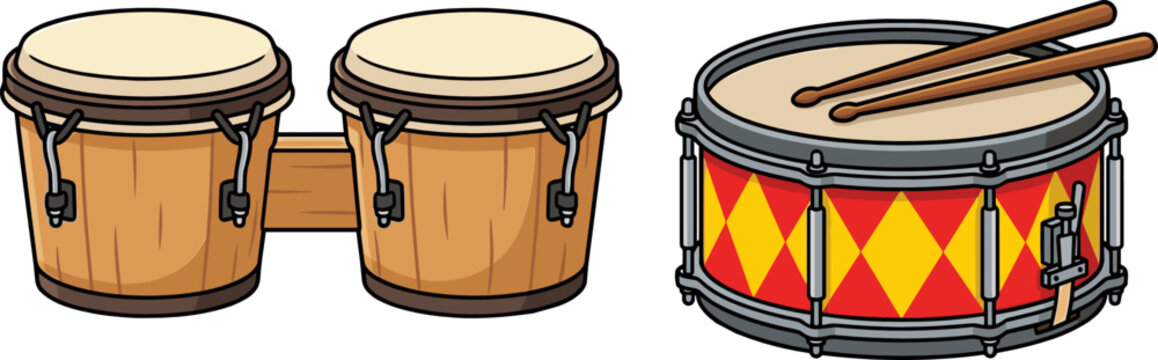 Traditional Wooden Bongo Drums and Festive Snare Drum with Drumsticks Vector Illustration Set for Latin Music, Parades, Percussion Lessons, and Musical Performance Graphic Designs