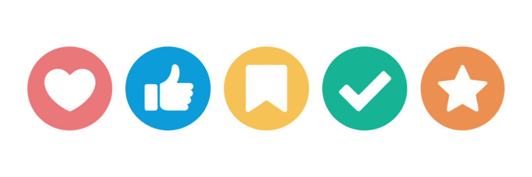 Social media engagement icon set featuring like buttons, heart reactions, thumbs up symbols, star ratings, and check mark approval icons in clean vector illustration