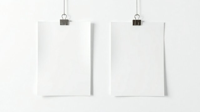 Two blank white papers hanging on a white wall with binder clips