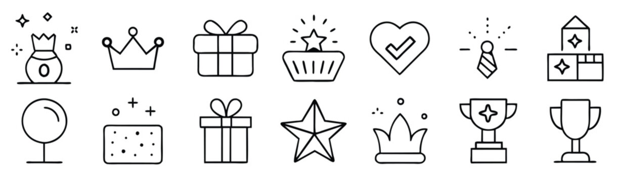 Loyalty and reward line icon set. Gift, VIP badge, trophy, loyalty card, redeem point minimal. Exclusive benefit, prize, incentive, reward editable stroke outline set isolated, vector illustration.